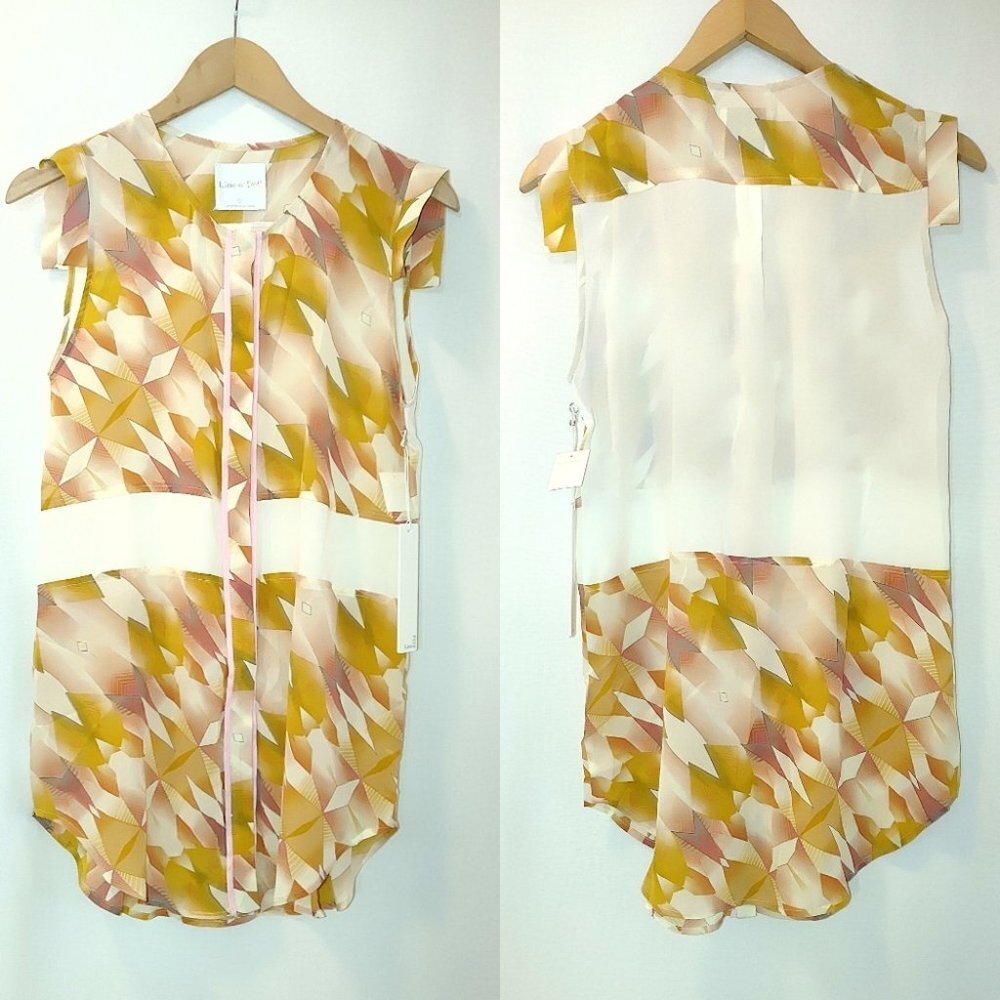 Line & Dot Silk Tunic Mini Dress‎ Geometric Small Cap Sleeve Yellow Pink Small